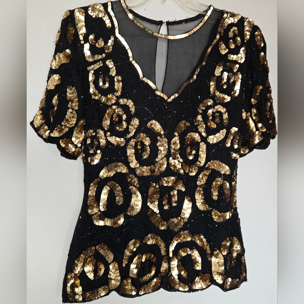 Vintage Black and Gold Flower Print Top